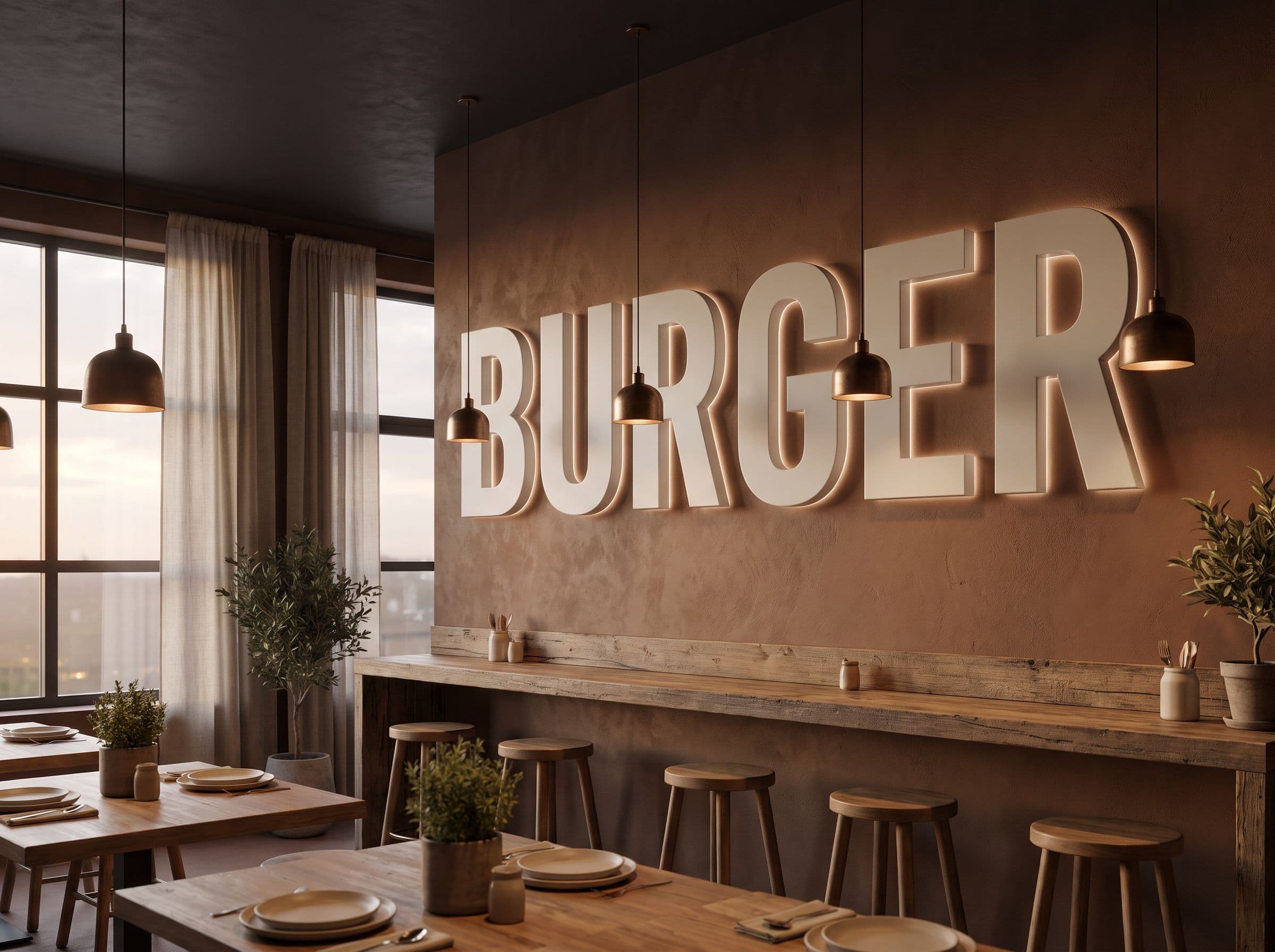 Letras BURGER numa hamburgueria.