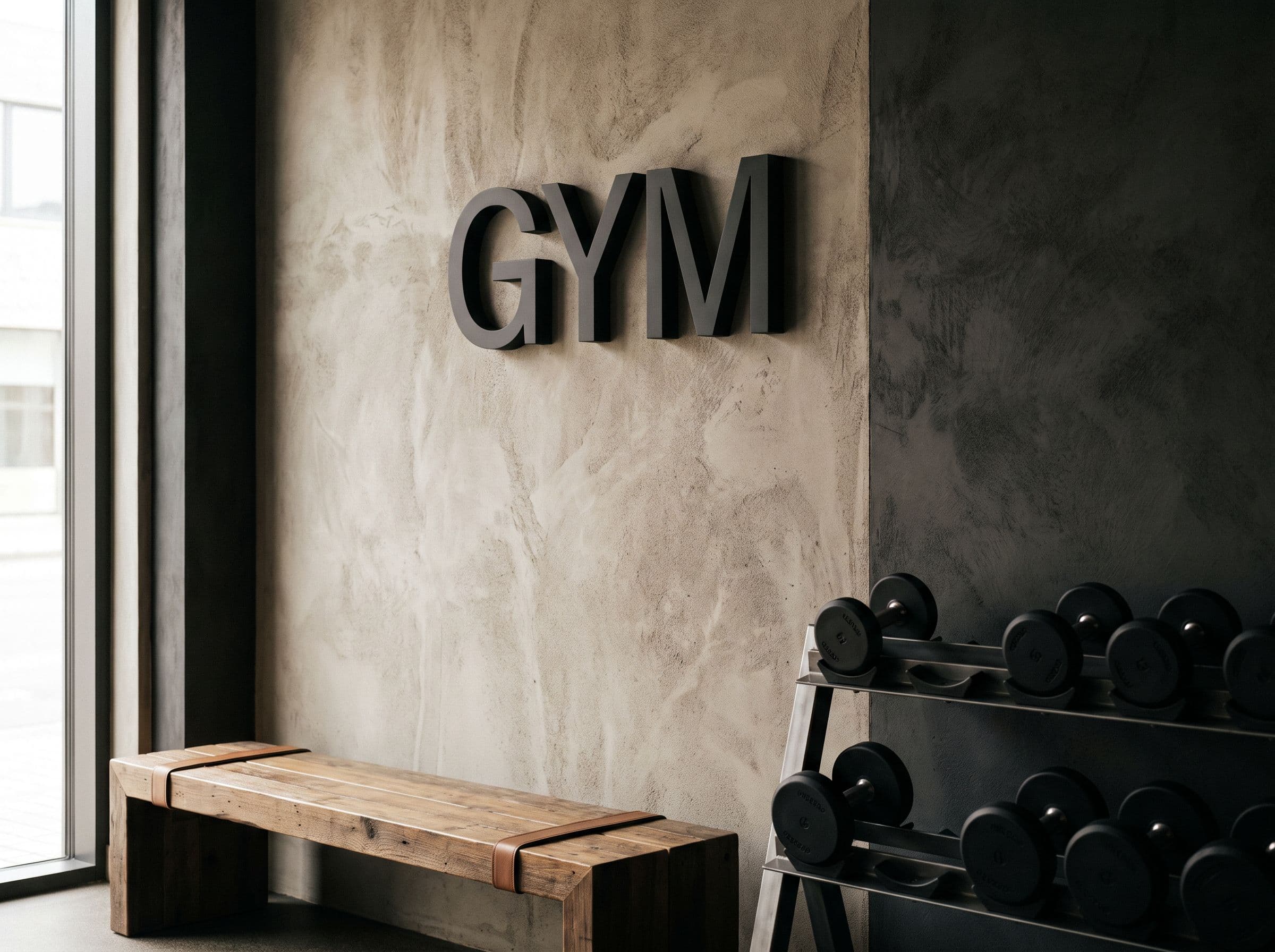 Letras GYM num ginásio.