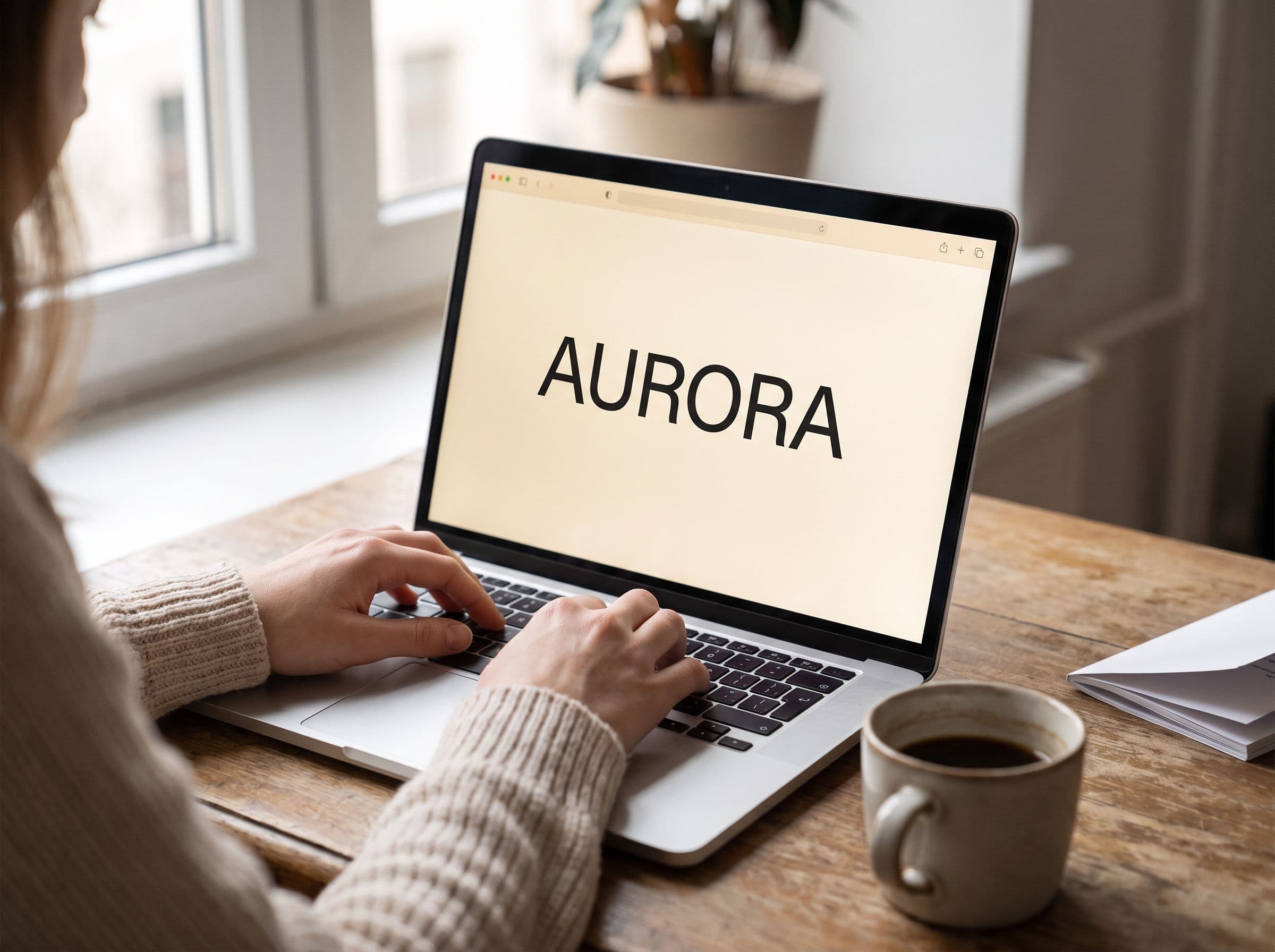 Hands typing on a laptop, with the preview of the word on screen.