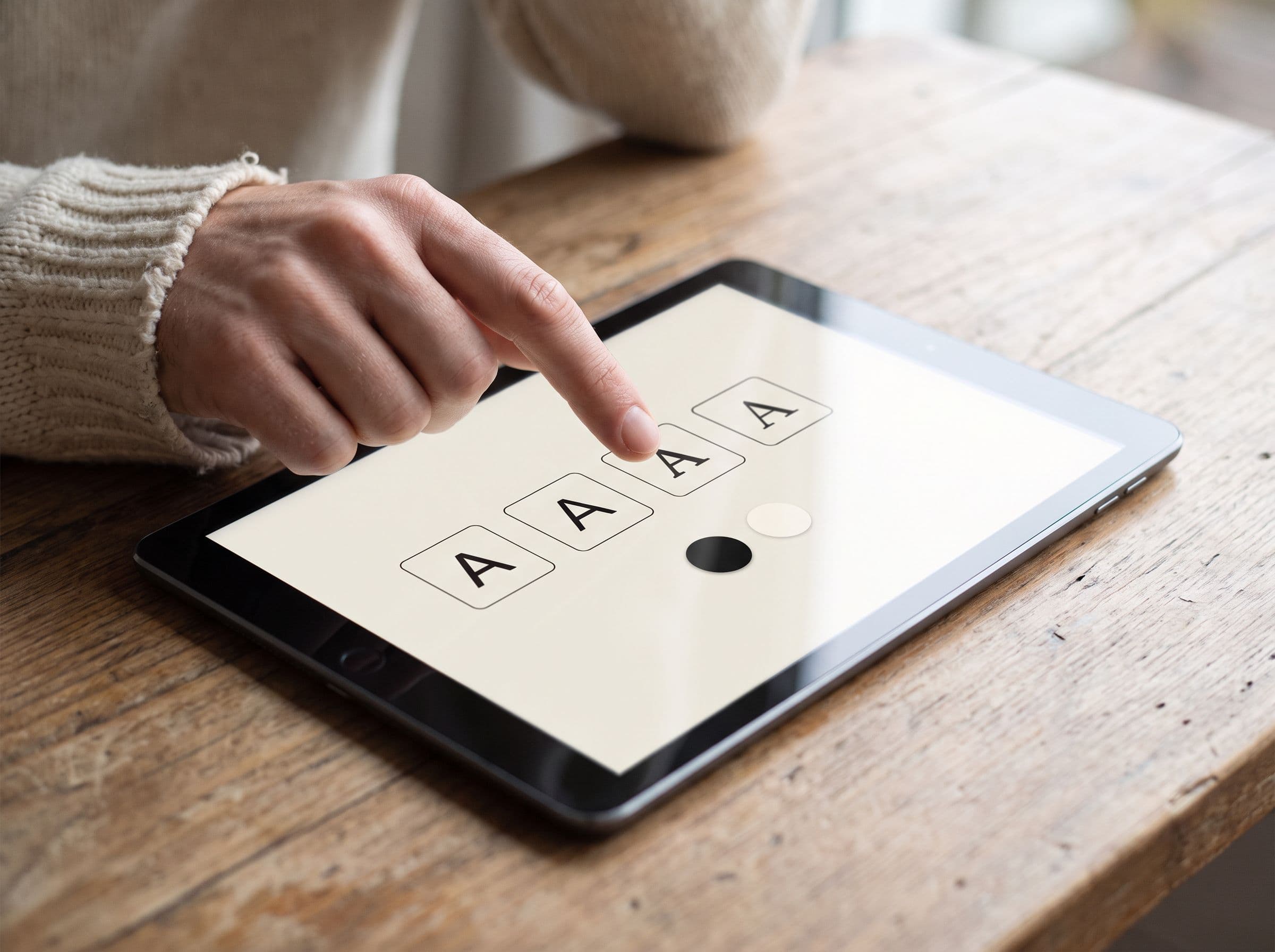 Hand choosing the font and the colour on a tablet screen.