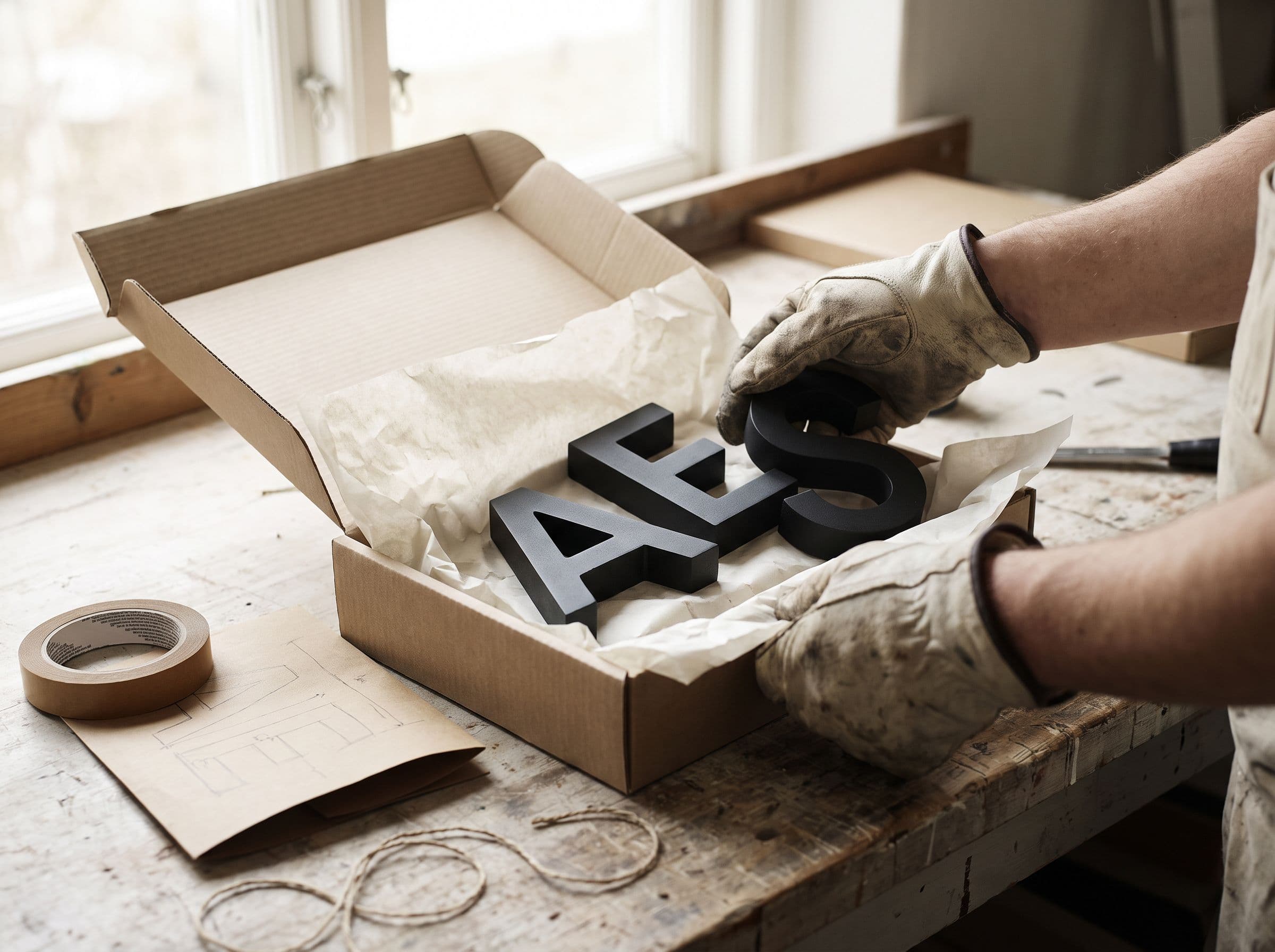 Hands packing black 3D letters into a cardboard box.